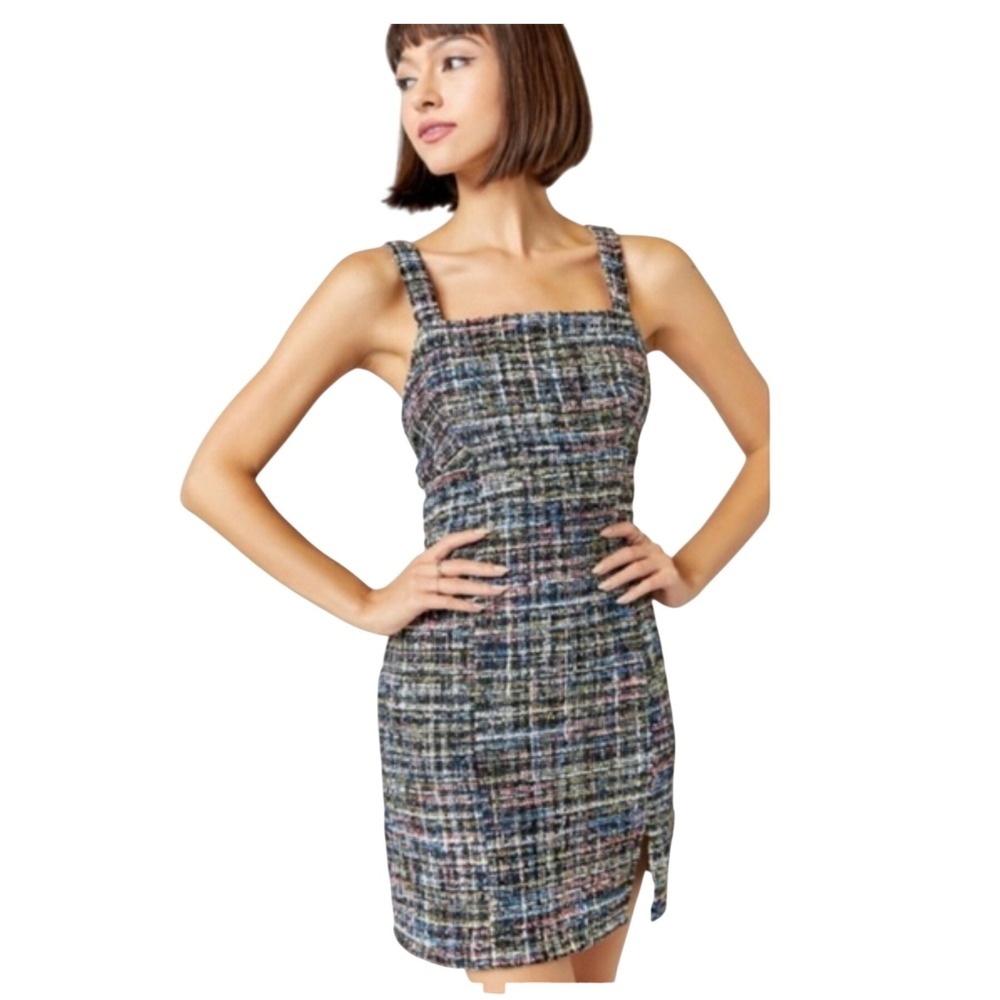 Mi Ami Francesca's Tweed Mini Dress Multi Color‎ Square Neck Sheath Size M NEW
